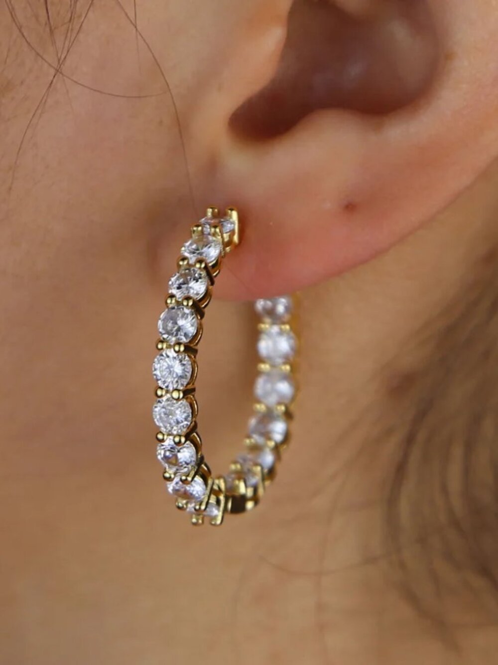 Round Cut 2mm Hoop Double Inlay Eternity Earrings